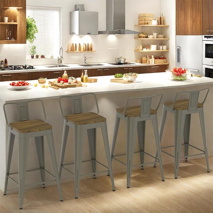 Rusty Bar Stools Set of 4, Metal Bar Stools with Wooden Seat, Modern 26”Counter Height Barstools with Low Back