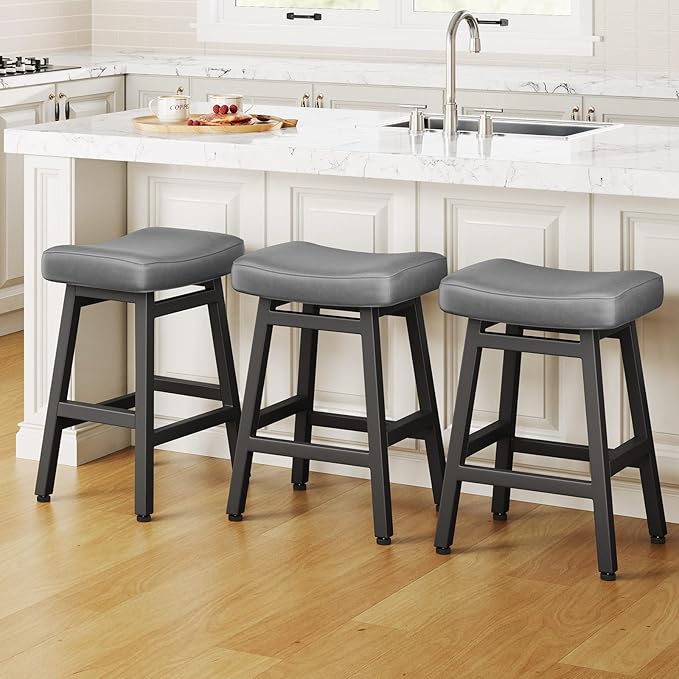 Counter Height Bar Stools Set of 3, 24 Inch Barstools for Kitchen Counter, Kitchen Stools with Bonded Leather Saddle Seats & Heavy Duty Metal Legs, Easy Assembly, Gray/Black