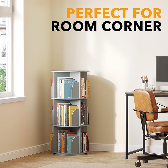 SpaceAid 3 Tier Rotating Bookshelf Tower, Spinning Bookcase Lazy Susan, Revolving 360 Book Shelf Storage Round Carousel, Vertical Rotate Turning Spiral Corner Organizer, Gray