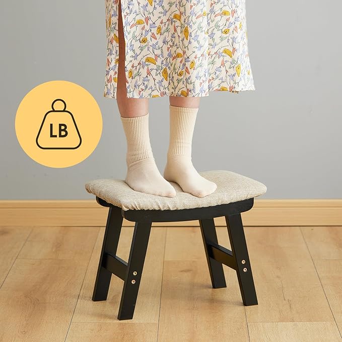 Foot Stool Ottoman Foot Rest Under Desk,Small Stool for Living Room, Bedroom and Kitchen (Black Legs - Beige Stool Surface)