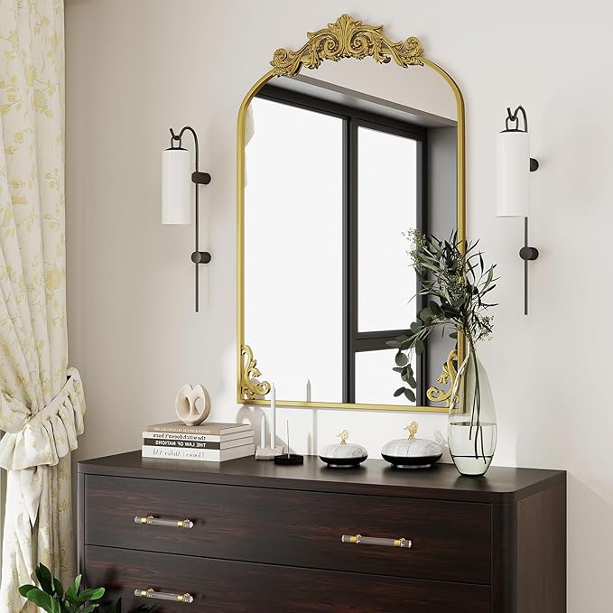 24x36 inch Vintage Arched Bathroom Mirror - Gorgeous Wall Vanity Mirror with Beautiful Retro Top and Bottom Engraving Process Frame for Entryway Hallway Living Room, Gold