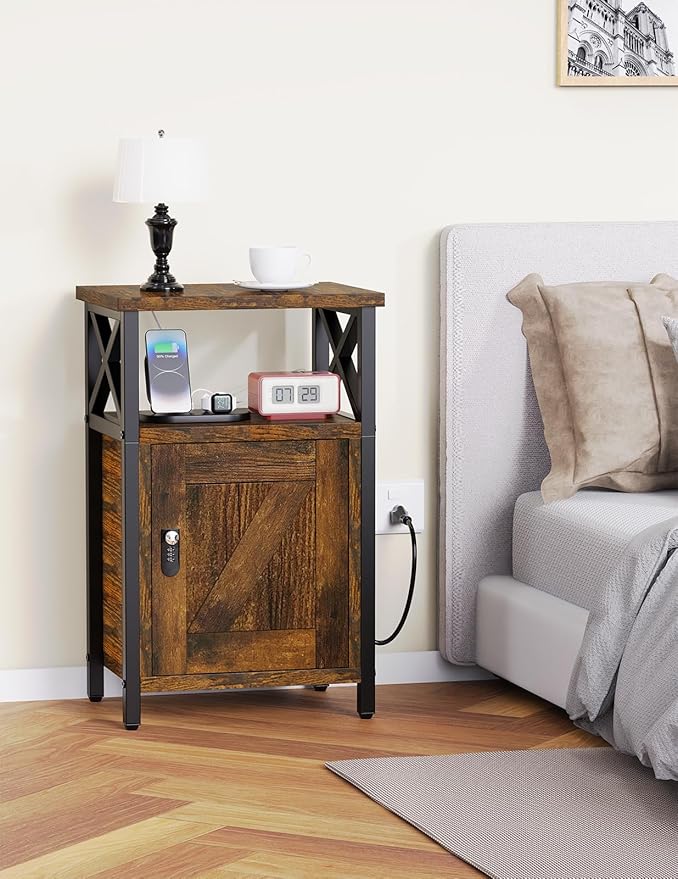 Wooden Nightstand with Lock, Bed Side Table with Drawers, Bedside Table with Charging Station, 3 USB & 2 Outlets, Night Stand with Storage, End Tables for Living Room, Bedroom, Dorm, Brown