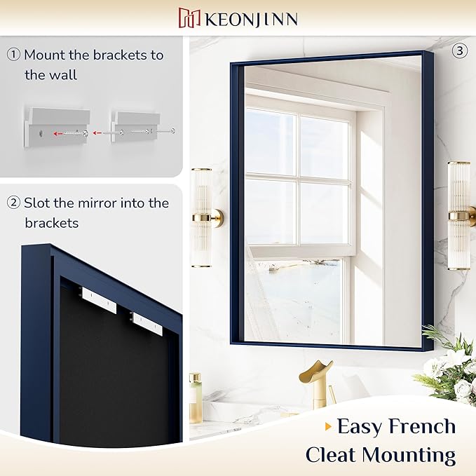 Keonjinn Blue Bathroom Mirror 22 x 30 in, Metal Framed Rectangular Wall Mirror, Square Corner, Modern Farmhouse, Rectangle Navy Blue Mirrors for Bathroom Sink(Horizontal/Vertical)
