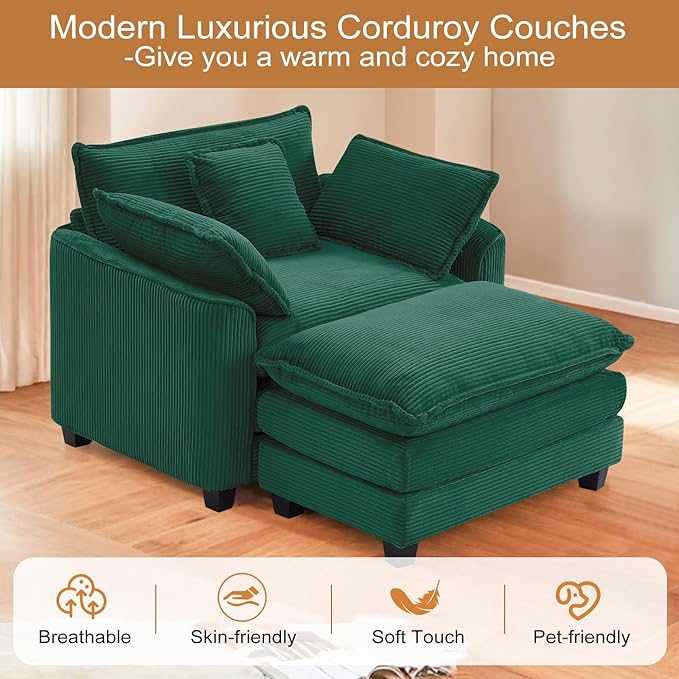 Furniliving Oversized Accent Chair with Ottoman, Luxury Corduroy Single Sofa, Upholstered Deep Seat Chaise Lounge with Pillows for Living Room, Bedroom, Apartment, Green
