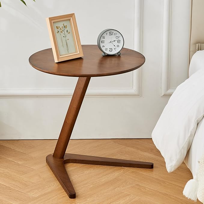 CozyDH Round End Table, Solid Wood C Shape Round Side Table, Walnut Coffee Bedside Table, Small Nightstand for Bedroom Living Room Office
