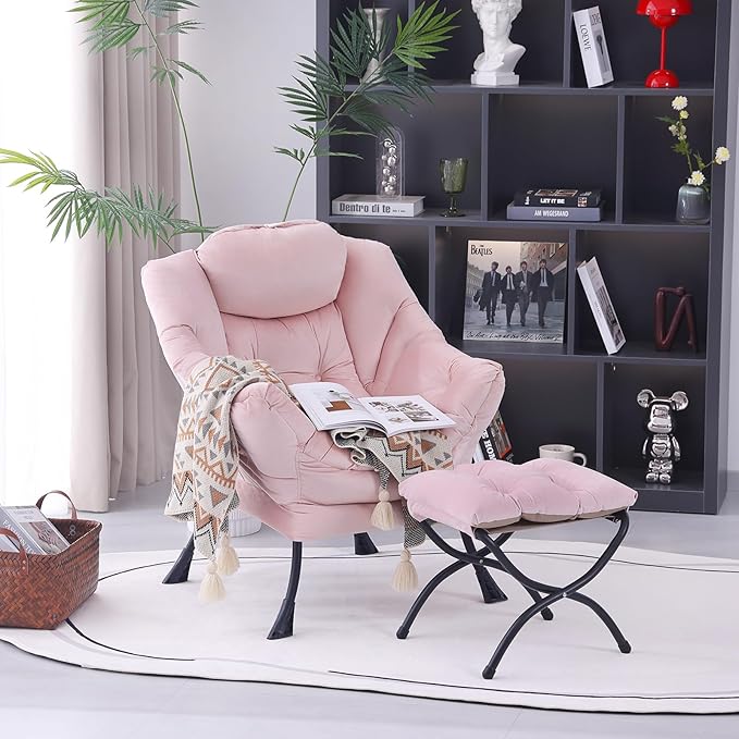 Lazy Chair with Folding Ottoman, Modern Accent Lounge Armchair with Armrests and a Side Pocket & Foldable Footstool, Leisure Reading Chair for Living Room, Bedroom, Dorm & Office, Velvet Pink