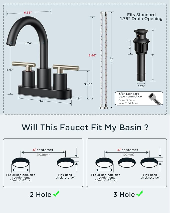 FORIOUS 4 Inch Centerset Bathroom Sink Faucet Black and Brushed Nickel, 2 Handle RV Bathroom Sink Faucet Matte Black 4" with Pop Up Dain, 24 in Hot and Cold Water Hoses, and 360 Degree Swivel Spout