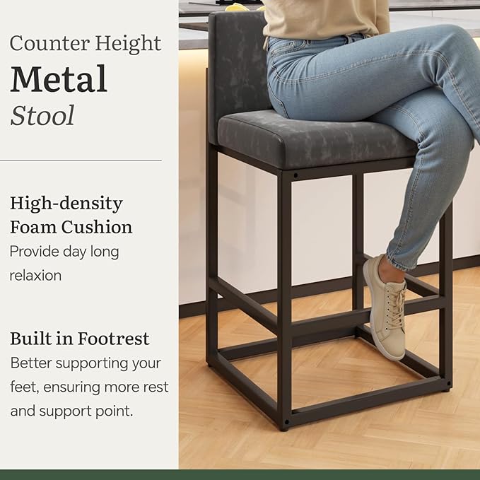 Barstools Set of 2 Grey Metal Bar Stools Modern Bar Chairs Pu Leather for Kitchen Island Counter Height Cafe Resturant Stools, 26 Inch