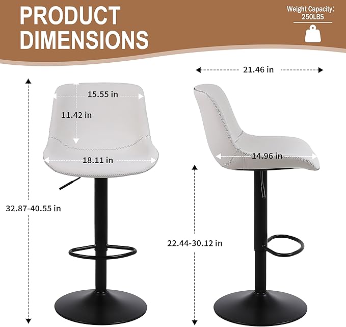 Bar Stools, Swivel Counter Height Barstools with Back, Adjustable Modern Bar Chairs, Tall Armless PU Leather Kitchen Island Stool (White, Set of 4)
