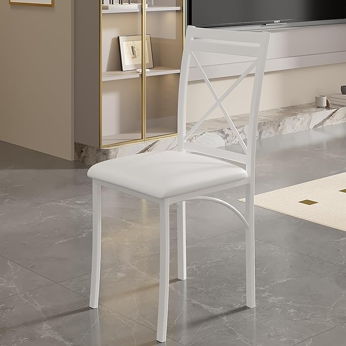 VECELO Metal Dining Chairs Set of 4, Steel Legs and PU Leather Cushion Seats for Kitchen, Living Room, White