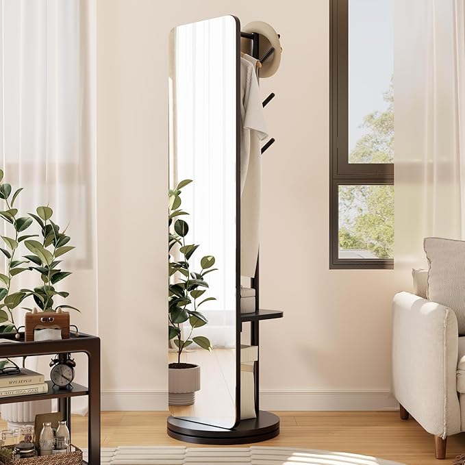 70"x16"Full Length Mirror with Stand,Coat Rack with Mirror,Solid Wood Floor Mirror,Swivel Mirrorfor Bedroom, Living Room, Cloakroom