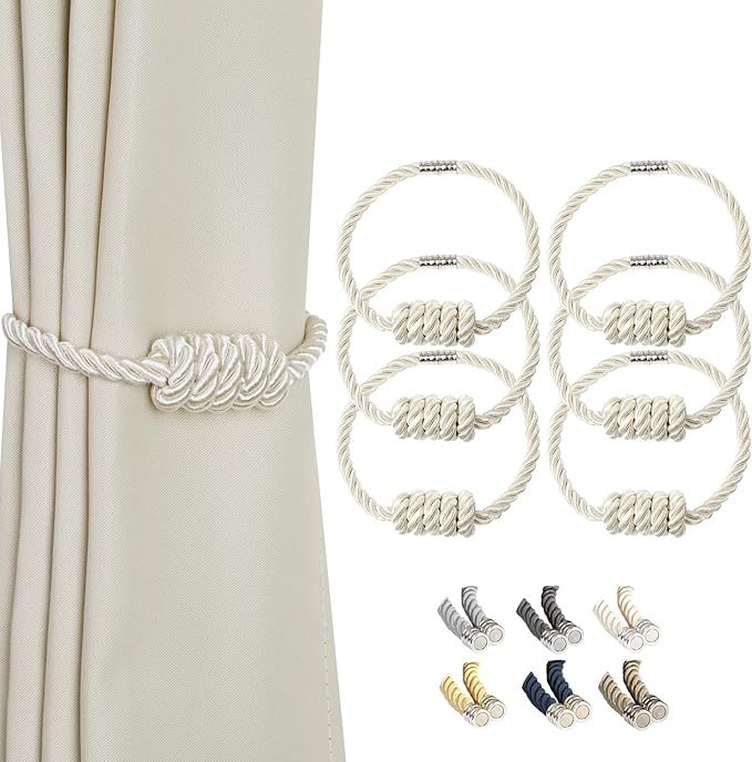 BEL AVENIR Magnetic Curtain Tiebacks, Decorative Drapery Holdbacks Modern Woven Tie-Backs with Exquisite Knot (Beige, 6 Pack)