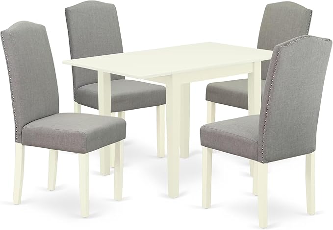 East West Furniture 1NDEN5-LWH-06 5 Piece Dining Table Set for 4 Includes a Rectangle Kitchen Table with Dropleaf and 4 Dark Shitake Linen Fabric Upholstered Chairs, 30x48 Inch, Linen White