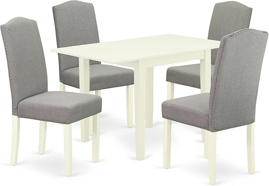 East West Furniture 1NDEN5-LWH-06 5 Piece Dining Table Set for 4 Includes a Rectangle Kitchen Table with Dropleaf and 4 Dark Shitake Linen Fabric Upholstered Chairs, 30x48 Inch, Linen White