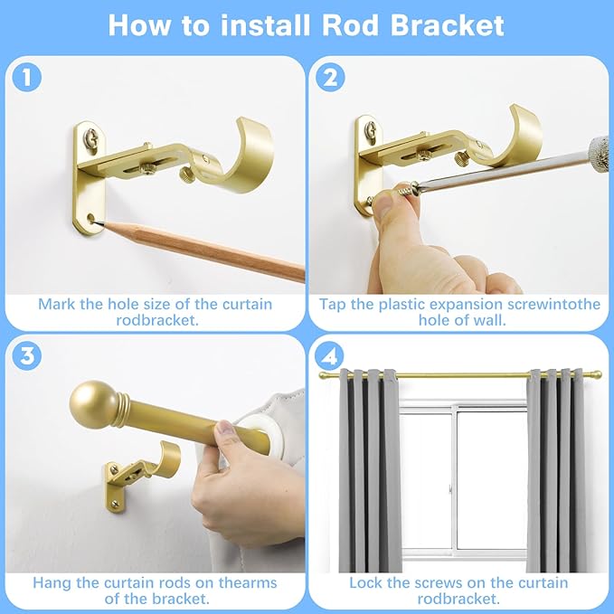 Curtain Rods for Windows 16 to 136 Inches, Curtain Rod Max Adjustable Length of 144 IN, 6/8" Diameter Drapery Rods Round Finials, Warm Gold, Pack of 2