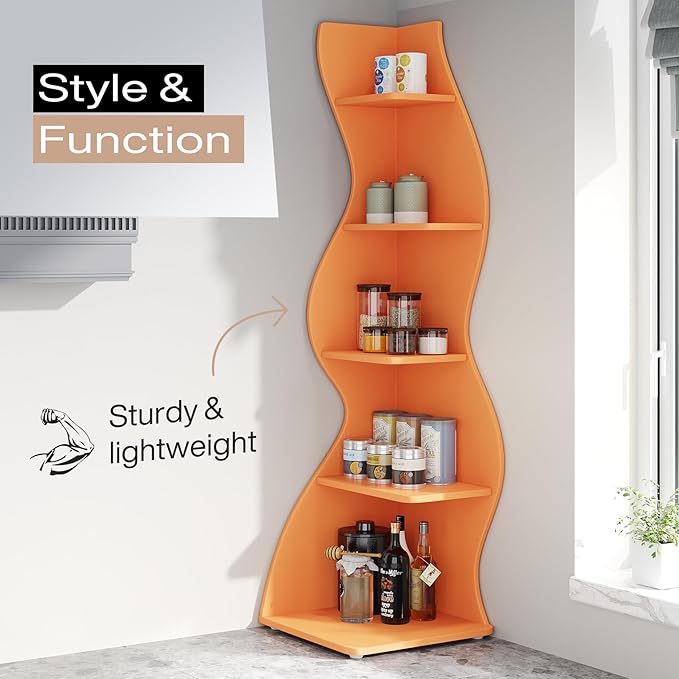 Tribesigns Corner Shelf, Modern 5-Tier Wall Corner Bookshelf, Stylish Corner Small Bookcase Storage Rack Plant Stand with Unique Shape for Living Room, Home Office (Orange, 2PCS)