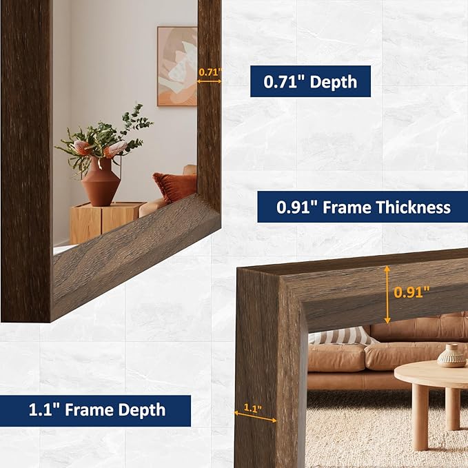 WEER Walnut Bathroom Mirror 24x36 Inch, Walnut Wood Grain Framed Mirror, Rectangle Wall Mounted Bathroom Vanity Mirror with Tempered Glass, Hangs Vertically or Horizontally, Anti-Rust