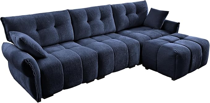Modern Chenille Fabric 3-Seat Sofa w/Ottoman+2 Pillows, Premium Upholstery Living Room Couch with Tufted Backrest & Comfortable Armrests and High-Resilience Memory Foam Cushions,Blue