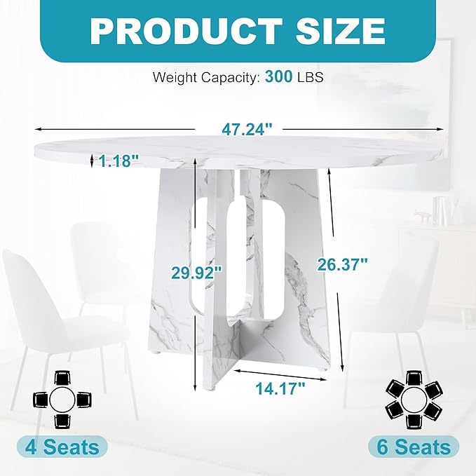 47" Round Dining Table for 4-6, Modern Small Dinner Table Farmhouse Round Kitchen Tables with Marble White Finish for Dining Room, Kitchen, Living Room, Marble White