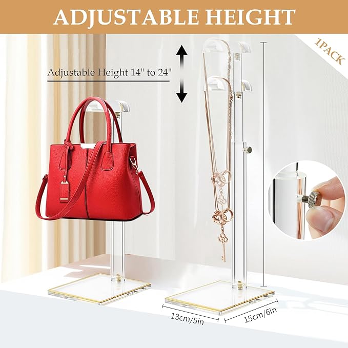 Acrylic Purse Display Stands, 14"-24" Adjustable Height Handbag Holder, Clear Purse Rack Stands for Closet Retail, Durable Gold Trim Bag Stand Hanging Wallet Jewelry Necklace Organizer
