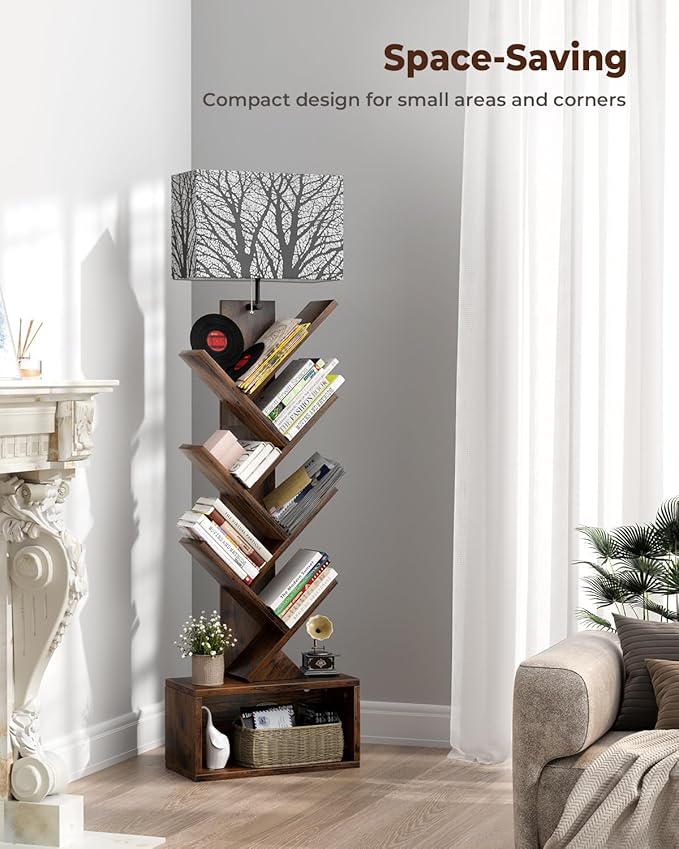 Tree Bookshelf with Light, 6 Tier Small Bookcase, Narrow Floor Standing Book Tower Organizer with Storage Cabinet for Living Room, Bedroom and Home Office, Rustic Brown