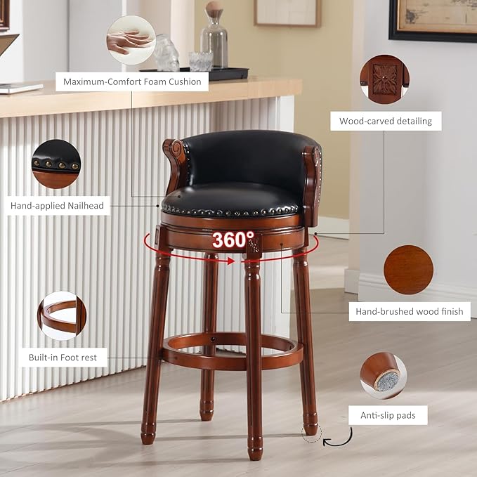 Cow top Leather Wooden Bar Stools, 29.5" Bar Height Bar Chair with Back, 180 Degrees Swivel Barstools Chair for Home Kitchen Counter,Dining Room (Black-1pc, Counter Height-Seat Height 26”)