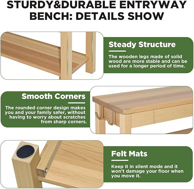Wood Shoe Bench Entryway with Drawer: 2-Tiers Wooden Storage Shoe Rack with Bench Seat, Compact Mid-Century Modern Design for Entryway, Hallway,Closet,Front Door Entrance,Foyer Natural 39.3"