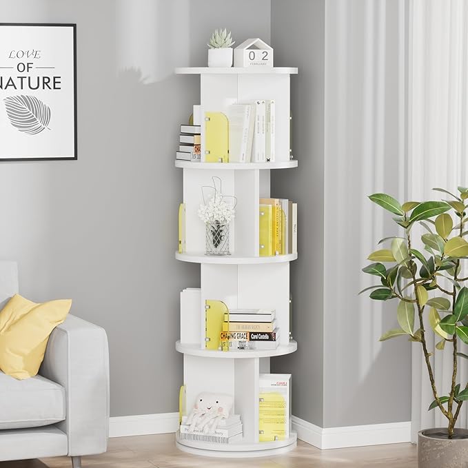 VECELO Rotating Bookshelf Tower, 360°Revolving Bookcase, Round Book Shelf Rotating, Stackable Storage Display Rack Floor Standing for Kids&Adults Solid Wood, White