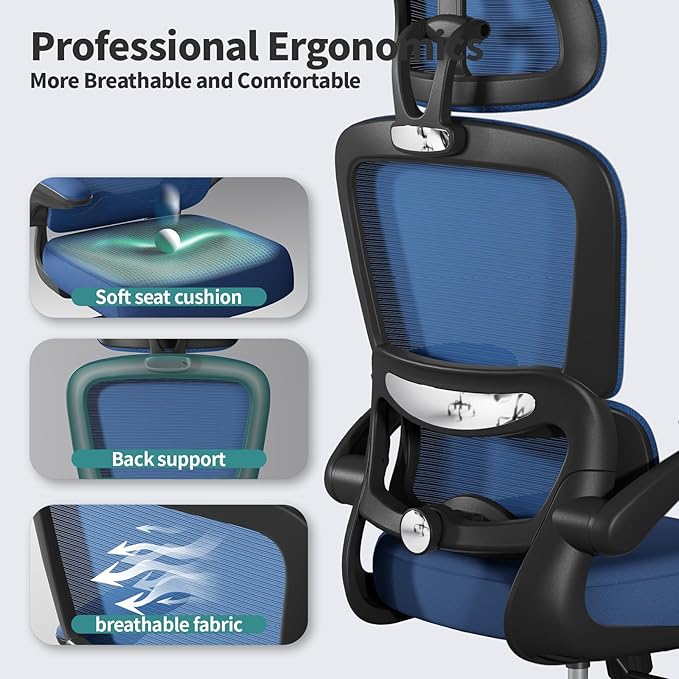 TRALT Office Chair Ergonomic Desk Chair, 330 LBS Home Mesh Office Desk Chairs with Wheels, Comfortable Gaming Chair, High Back Office Chair for Long Hours (Blue)