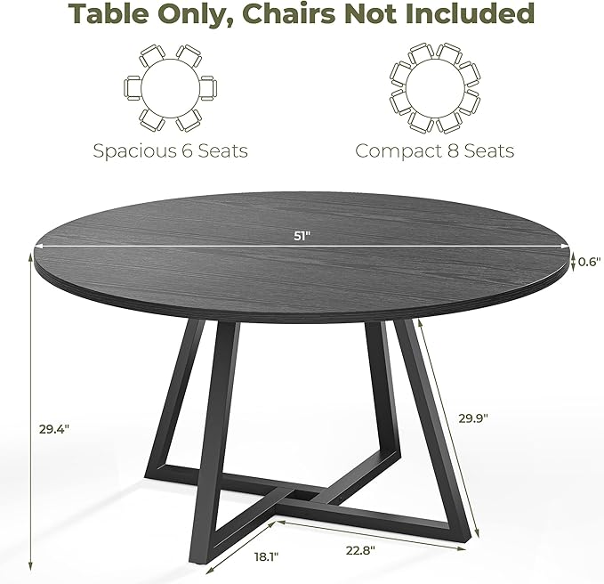 IRONCK 51" Round Dining Table for 6, Wood Kitchen Table with Metal Base, Space Saving Industrial Circle Dinner Table for Kitchen Dining Room, Black