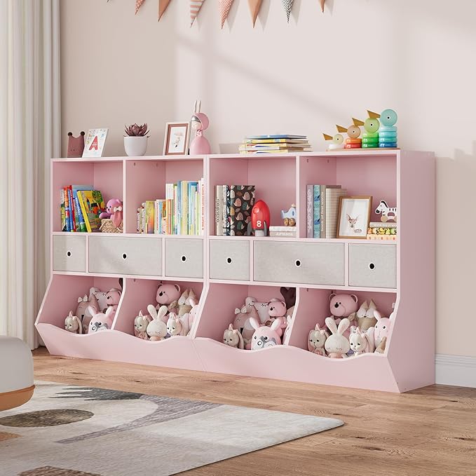 IDEALHOUSE 7-Cubby Large Kids Toy Storage Organizer, Children Wood Bookcase and Bookshelf, 3-Tier Toy Storage Cabinet with 3 Drawers for Hallway, Playroom, Living Room, School,Pink