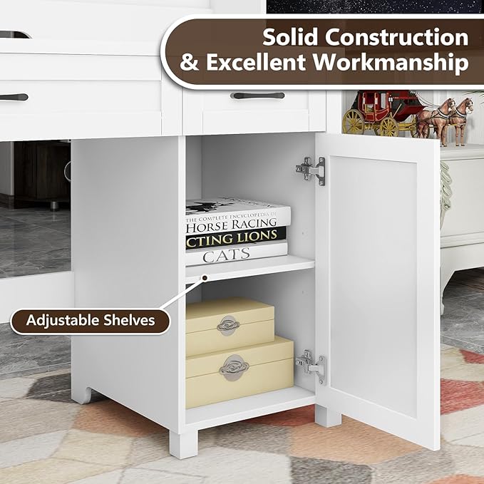 Farmhouse 47" Executive Desk, Computer Desks with 2 Drawers and Storage Cabinet, Home Office Desk with Hutch and Charging Station, Workspace for Work and Study. (Cream White)