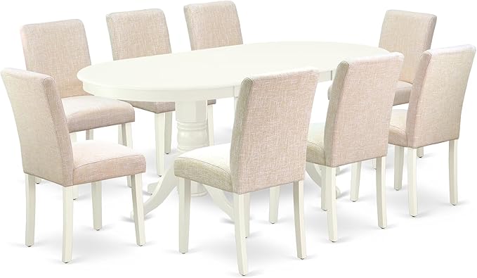East West Furniture VAAB9-LWH-02 9 Piece Dining Room Set Includes an Oval Wooden Table with Butterfly Leaf and 8 Light Beige Linen Fabric Parson Dining Chairs, 40x76 Inch, Linen White