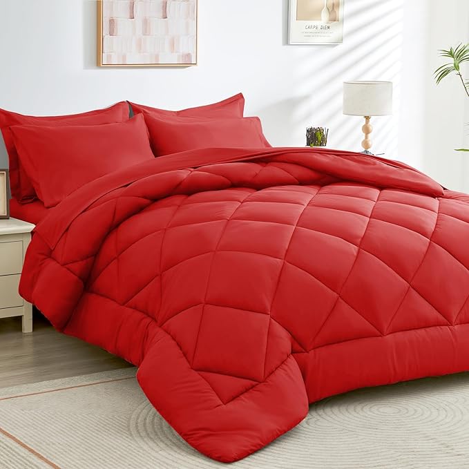 HEVUMYI Red Twin-XL Comforter Set - 5-Piece All Season Bed in a Bag Twin-XL, Ultra Soft Bedding Set with Comforter, Flat Sheet, Fitted Sheet, Pillowcases, Pillow Shams