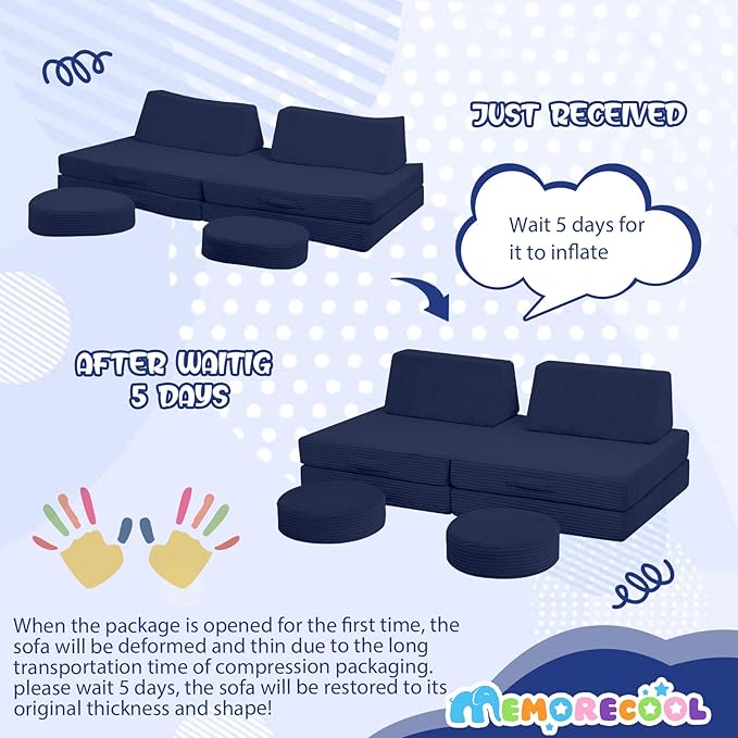MeMoreCool Kids Couch for Playroom, Corduroy Convertible Toddler Couch, 8 Piece Modular Play Sofa, Foam Fort Building Set for Child Room Furniture, Navy