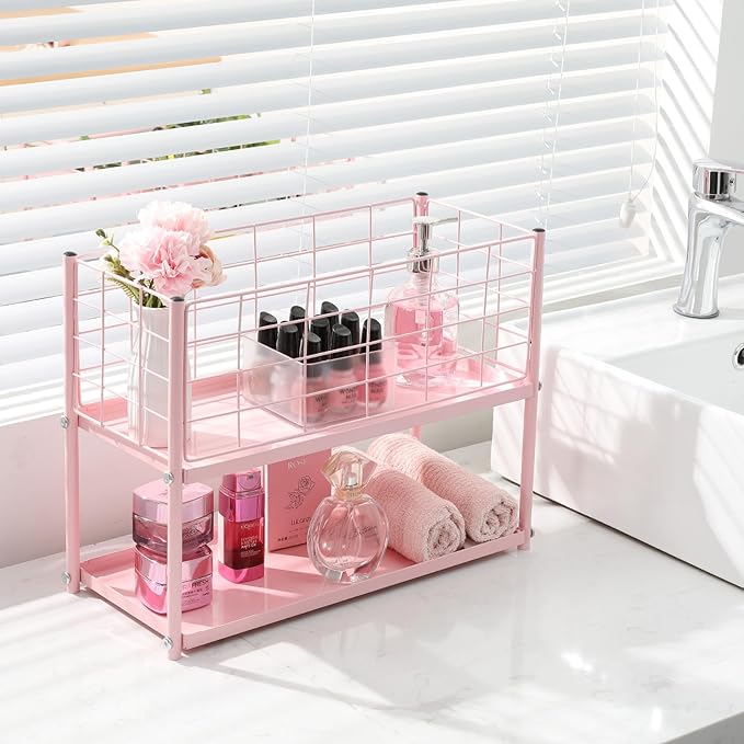 KINGRACK 3-Tier Rolling Utility Cart with Wheels, Metal Slim Storage Cart, Bathroom Multifunctional Storage Organizer, Mobile Shelving Unit for Kitchen, Office, Laundry Room, Narrow Place, Pink
