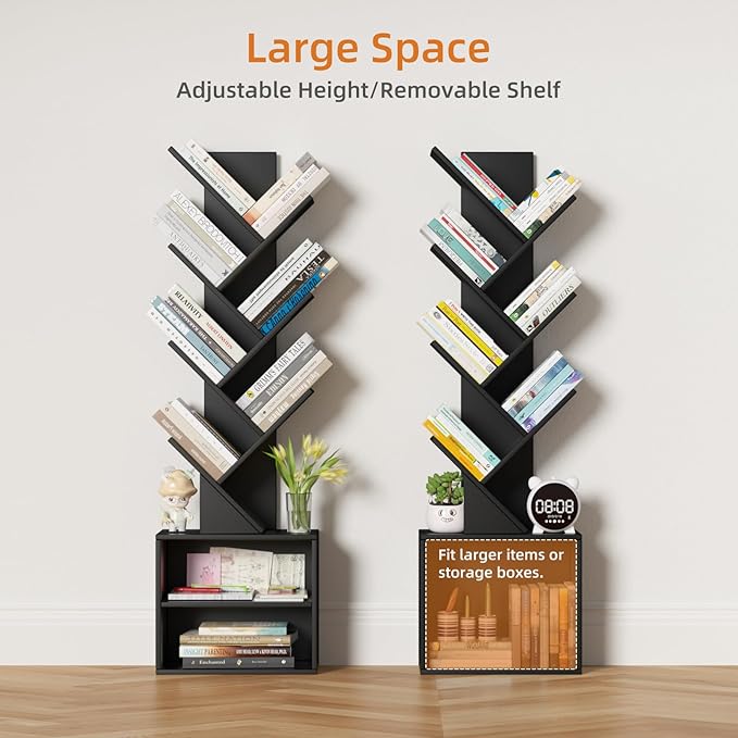 10 Tier Tree Bookshelf,Floor Standing Wood Tall Bookcase for Narrow Space, Storage Organizer Bookshelves for Books, Book Case for CDs/Movies/Books,Home Office,Living Room, Bedroom