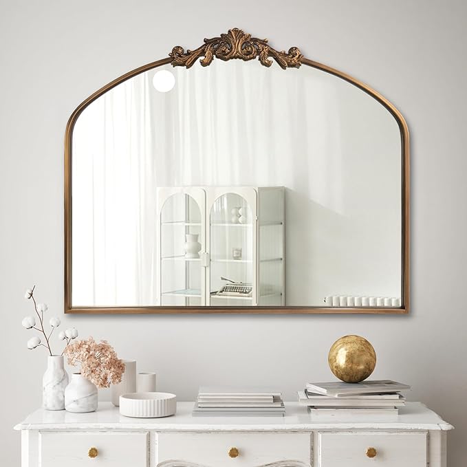 WAMIRRO Antique Mirror,Gold Traditional Vintage Ornate Baroque Arched Brass Wall Mounted Mirrors for Entryway/Fireplace/Living Room/Hallway/Bathroom 36"X30"