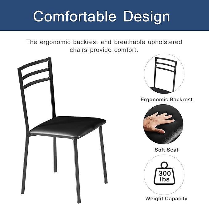 VECELO Small Round Dining Table Set for 2, Heavy-Duty Metal Frame & Upholstered Chair for Breakfast Nook, Kitchen, and Small Space, Black