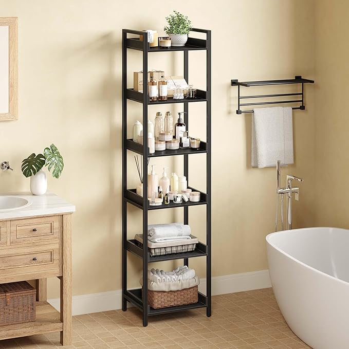 Rolanstar Bookshelf, 6-Tier Storage Rack, Narrow Corner Bookshelf, Display Wooden Shelves for Living Room, Bathroom, Balcony, Kitchen,Black
