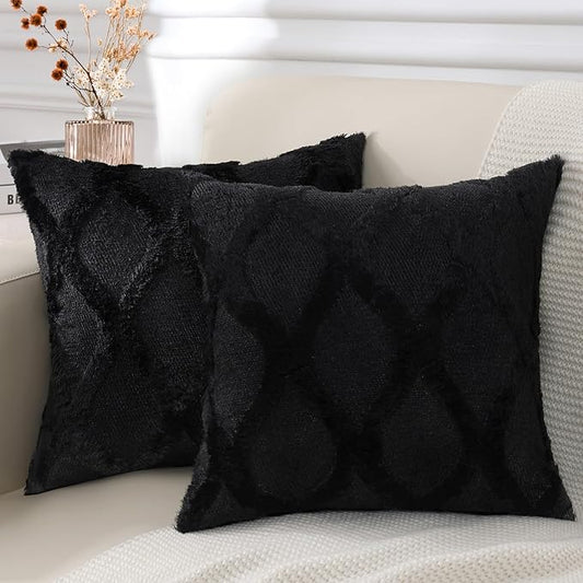decorUhome Throw Pillow Covers 22x22 Inch Set of 2, Soft Plush Faux Fur Wool Black Couch Pillow Covers, Decorative Neutral Pillow Cases for Bed Sofa Living Room Home Decor
