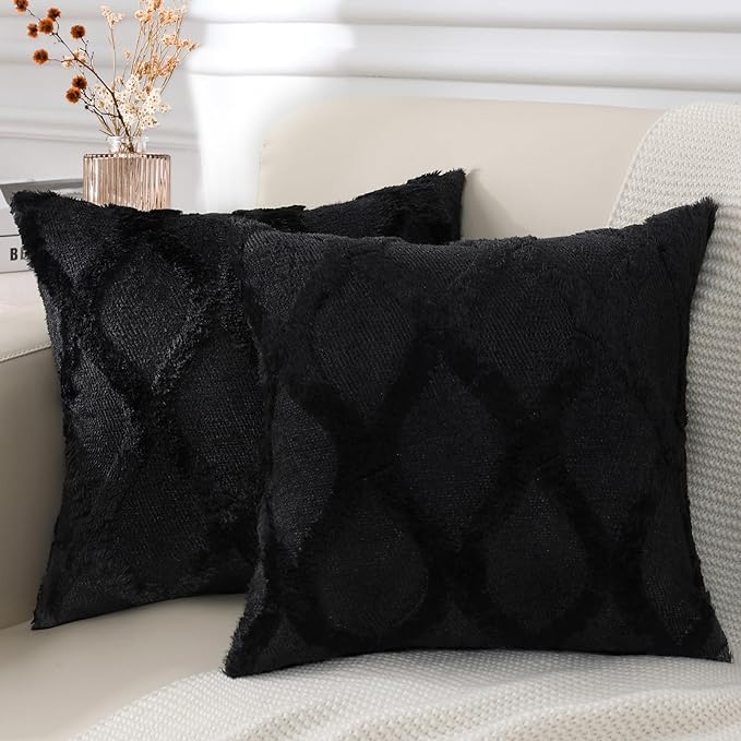 decorUhome Throw Pillow Covers 24x24 Inch Set of 2, Soft Plush Faux Fur Wool Black Couch Pillow Covers, Decorative Neutral Pillow Cases for Bed Sofa Living Room Home Decor