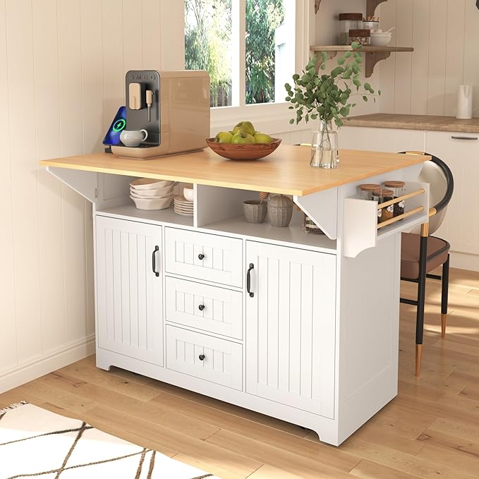 56" Large Kitchen Island with 2 Drop Leafs,Rolling Kitchen Cart on 5 Wheels W/Power Outlet & 3 Drawers,Folding Storage Dining Table W/Spice & Towel Racks,for Kitchen,Dining Room,White