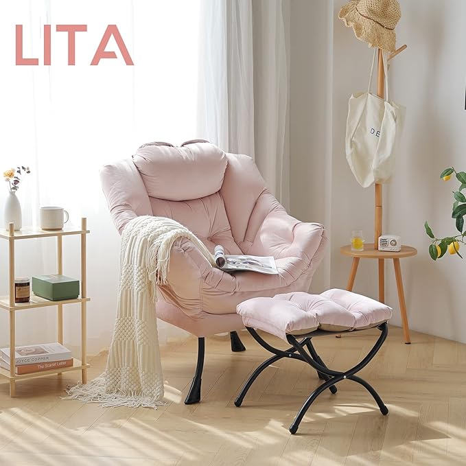 LITA Lazy Chair With Ottoman, Modern Accent Leisure Upholstered Sofa, Contemporary Lounge Reading With Armrests and Side Pocket for Living Room, Bedroom & Small Space, Pink