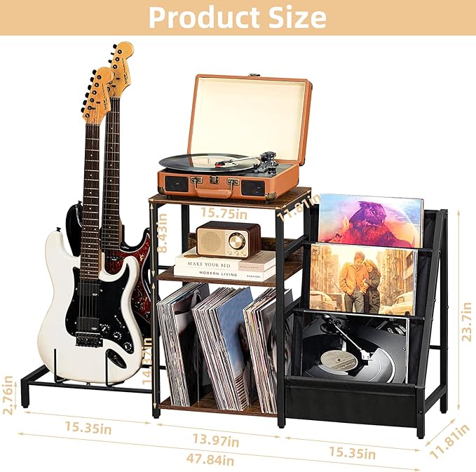 LELELINKY Record Player Stand, Adjustable Guitar Stand for Acoustic Guitar, Electric Guitar, Bass, Turntable Stand with Vinyl Display Shelf Storage Up to 150 Albums,Brown End Table for Music Room