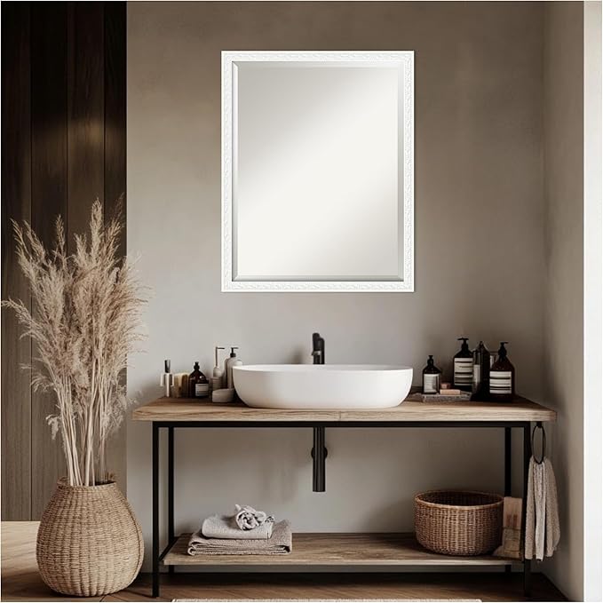 Amanti Art White Bathroom Mirror for Over Sink, 24x30 Bethany White Rectangle Vanity Mirror, Large Traditional Wood Frame, Hangs Horizonally and Vertically, Bathroom Wall Decor, Beveled Edge