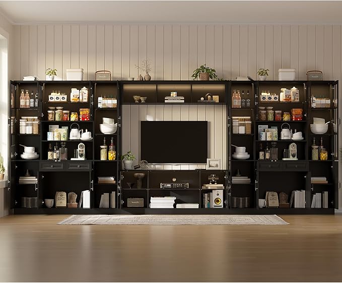 4-Piece Wall Unit TV Stand with Storage & LED Lights for TVs up to 75", Modern Entertainment Center with Bookshelves & 8-Door Pantry Cabinet, White Black
