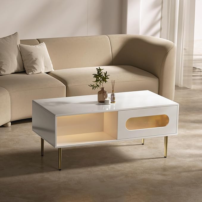 Modern Coffee Table for Living Room - LED Living Room Table with 4 Storage Compartments, Semi See-Through Sliding Doors - Glossy Finish, Metal Legs, Rounded Edges - Contemporary Home Furniture