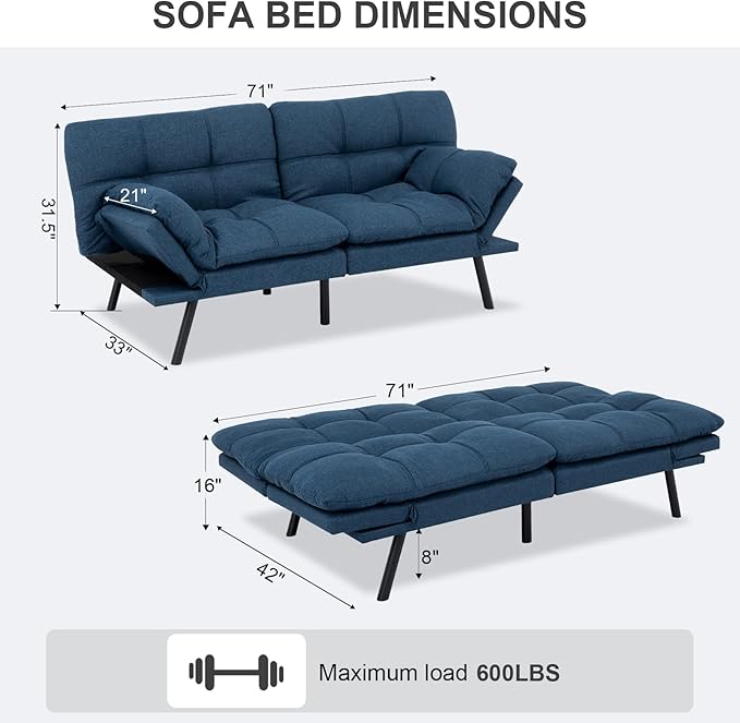 Vipbear Futon Sofa Bed Couch, 71" Convertible Sofa Bed, Space-Saving Loveseat with Adjustable Backrest & Armrest for Living Room,Apartment,Office,Blue Sleeper Sofa
