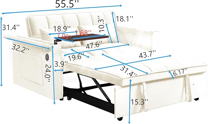 Ball & Cast 55" 3 in 1 Sleeper Sofa Bed Velvet Upholstered Pull Out Couch with Adjustable Back & 2 Pillows,Convertible Futon Sofa Bed W/Hidden Side Table,Side Pocket & USB Port,for Living Room,Beige